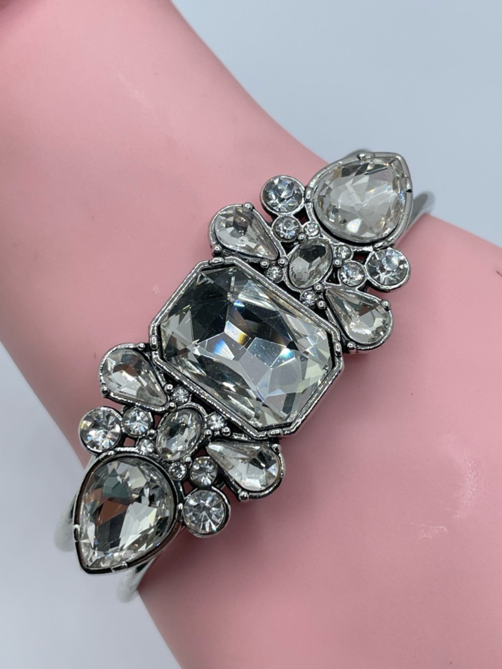 Silver Tone Crystal Statement Bangle Bracelet Art Deco Glam
